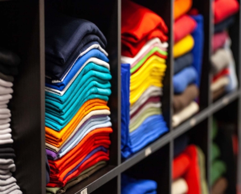 Shirts stacked on shelves